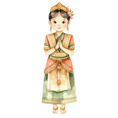 Watercolor Illustration of a Young Girl in Traditional Thai Dress with Hands Clasped