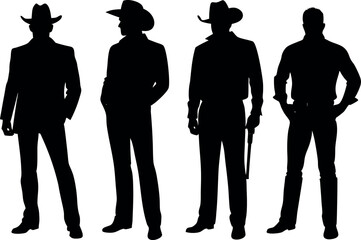 Four Cowboy Silhouettes with Hats and a Gun in a Western Setting