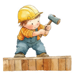 Watercolor Illustration of a Young Boy in Overalls with Hammer and Hardhat