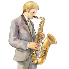 Watercolor Illustration of a Young Man Playing a Golden Saxophone