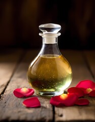 Attar in vintage glass bottle among red rose petals on old wooden surface, natural essential oil, vertical image.