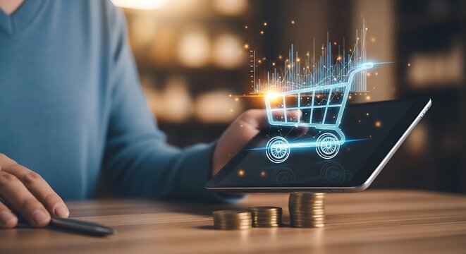 E-commerce Business Technology Concept with Shopping Cart Icon and Financial Growth Data Displayed on Digital Tablet for Online Marketing and Retail Strategy Visualization