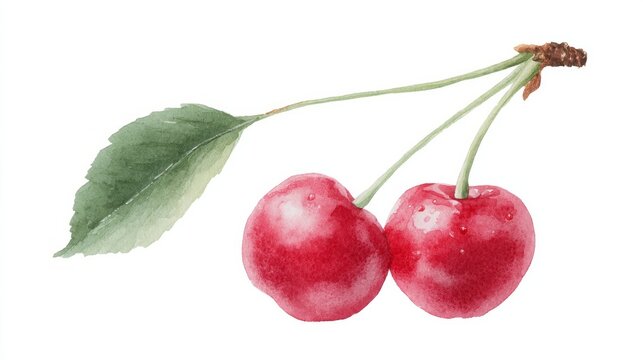 Twin ruby cherries glisten temptingly, emblematic of Cherry Blossom Festival's ephemeral beauty, sweet Juche dance, harmonious nature tribute