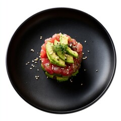 Layered tuna tartare with avocado, sesame on sleek plate; gourmet indulgence aligns with Okinawa longevity secrets, Lunar New Year