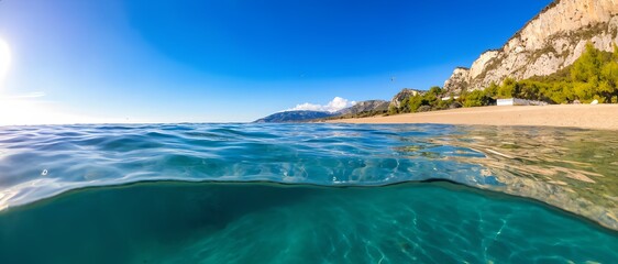 Beautiful sea landscape with underwater part and Tropical coast, view from ocean to land.
