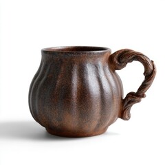 Antique earthen mug with vine-like handle evokes rustic autumnal equinox, perfect for cozy Samhain gatherings and hygge corners