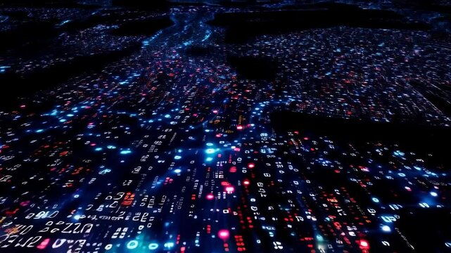 Dynamic digital network landscape with flowing data streams and energy patterns