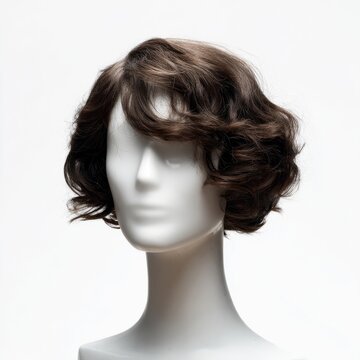 Meticulously tousled brunette bob wig poised on faceless mannequin, echoing cryptic allure of Hair Appreciation Day and Wig Festival