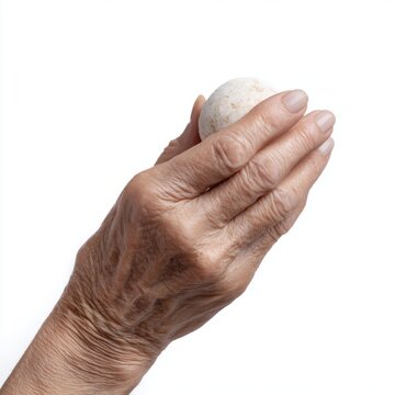 Elderly Caucasian woman's hand cradles egg-like stone, symbolizing wisdom of ancient solstice rituals and obscure Pebble Day traditions