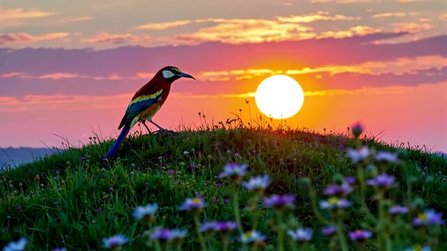 there is a bird that is sitting on a hill with the sun in the background
