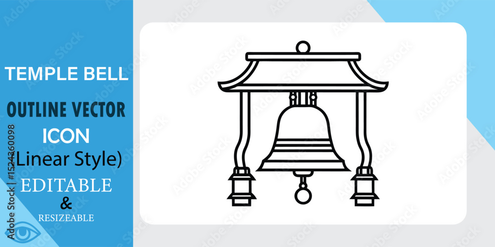 Poster linear style vector icon of a temple bell under a pagodalike structure. editable and resizable outli