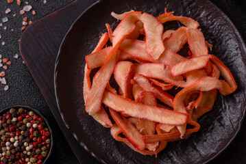 Food, dried squid in shavings or chopped as snacks or jerky. Snack dried squid for beer