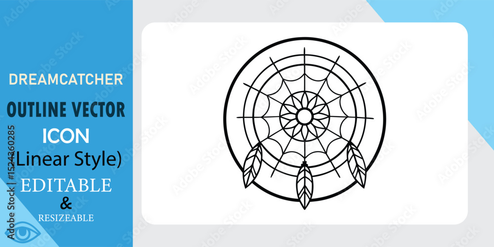 Poster a linear style vector icon depicting a dreamcatcher with feathers. simple, clean design, easily edit