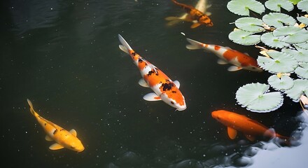 Vibrant koi fish swimming in a clear garden pond with lily pads, Japanese ornamental carp in outdoor water garden, peaceful aquatic scene, colorful fish in nature