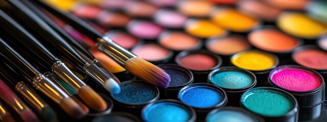 Obraz premium Colorful Makeup Palette with Brushes Artistic Tools Cosmetics Beauty Shades Pigments Closeup