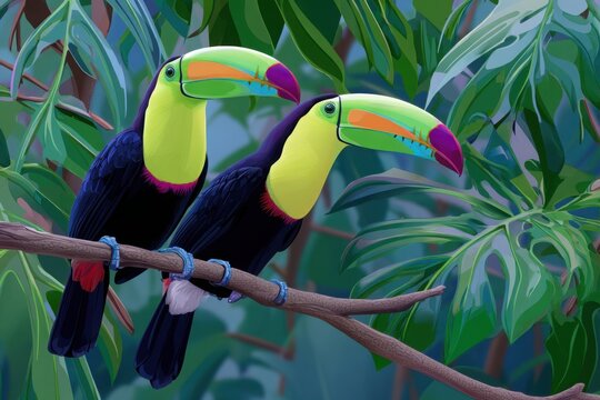 Two keel billed toucans in lush tropical foliage