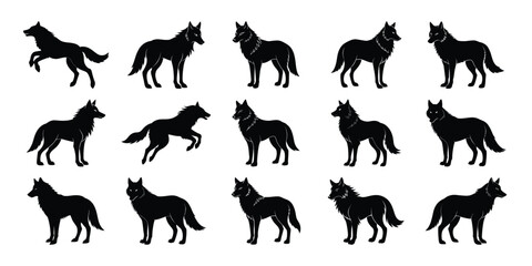 Wolf Silhouette Vector Set – Standing, Walking, and Leaping Black Wolves Collection on white background 