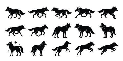 Wolf Silhouette Collection – Playful, Running, and Standing Black Wolf Vector Set on white background