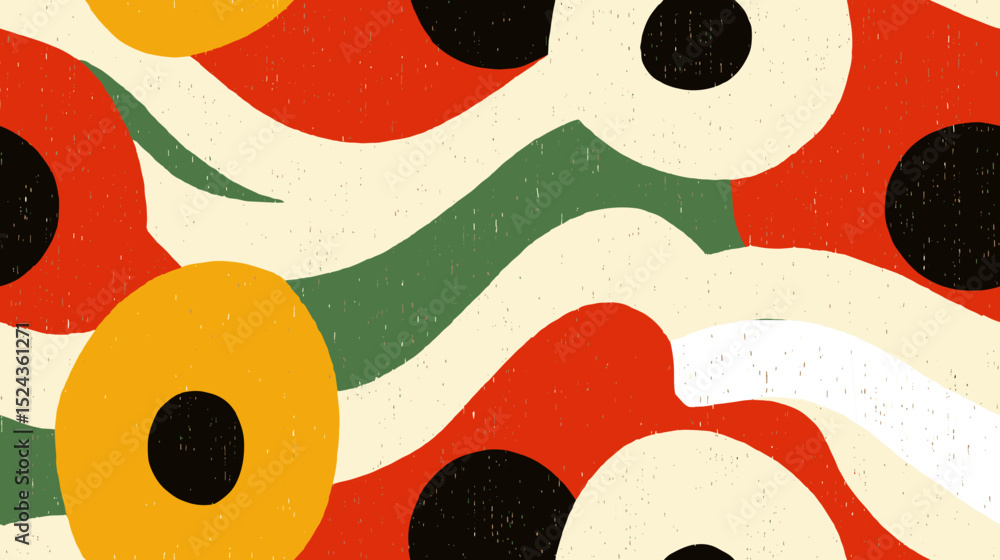 Poster abstract pattern with colorful shapes and wavy lines on cream background