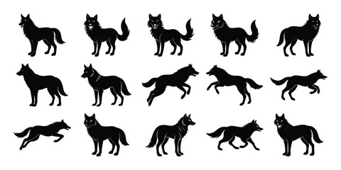Wolf Silhouette Collection – Playful, Running, and Standing Black Wolf Vector Set on white background