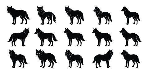 Stylized Wolf Silhouettes Collection – Vector Black Wolf Clipart Set on white background