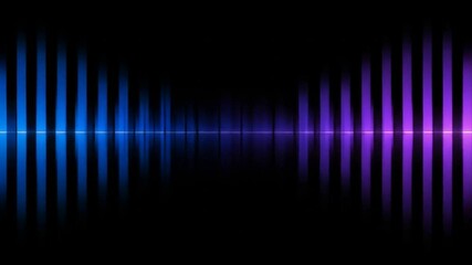 Against a black background, abstract vertical light bars in gradients of blue and purple form a sound wave or equalizer, bisected by a horizontal light, creating a futuristic and technological feel. - Powered by Adobe