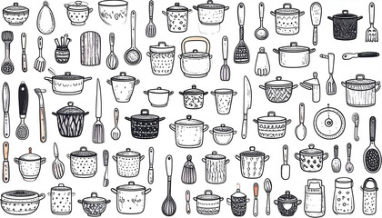 A whimsical collection of hand-drawn kitchen cookware and utensils, featuring pots, pans, spoons, spatulas, and other cooking tools in a variety of patterns and styles