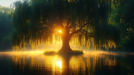 Golden sunlight illuminating willow tree