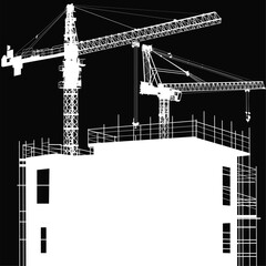 tower two cranes and building on black background