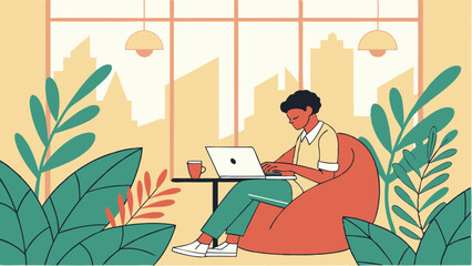 Flat Vector Illustration of a Diverse Digital Nomad in a Vibrant Co-Working Space  