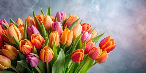 Vibrant arrangement of orange and pink tulips in a bouquet style , bouquet, blossoms,  bouquet, blossoms, pink