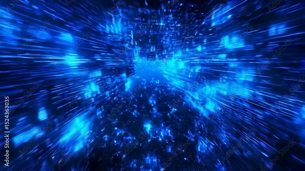 Poster dynamic neon blue light speed tunnel animation with digital particle burst effects