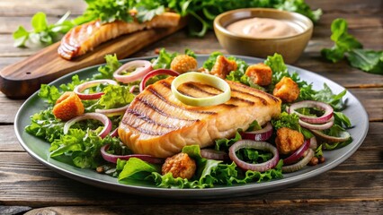 Grilled salmon on a bed of fresh mixed greens with crispy onion rings and a side of tangy sauce , grilled salmon, savory dish