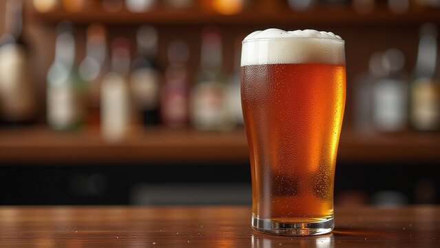 Transparent pint glass and beer bottle, Set on a bar counter with warm lights, Visible fizz bubbles and golden hues, Cozy pub scene ideal for beverage ads - Powered by Adobe