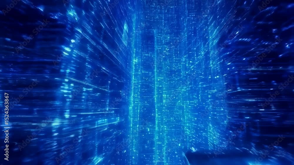 Poster futuristic blue cyber cityscape with dynamic light trails and digital grid patterns
