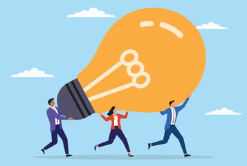 Vector illustration of a group of business professionals carrying a large light bulb, representing the power of teamwork, innovation, and collective effort behind brilliant business ideas