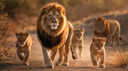 Majestic lion family walking through the savannah at sunset.