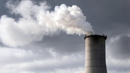 Industrial chimney emitting smoke into cloudy sky