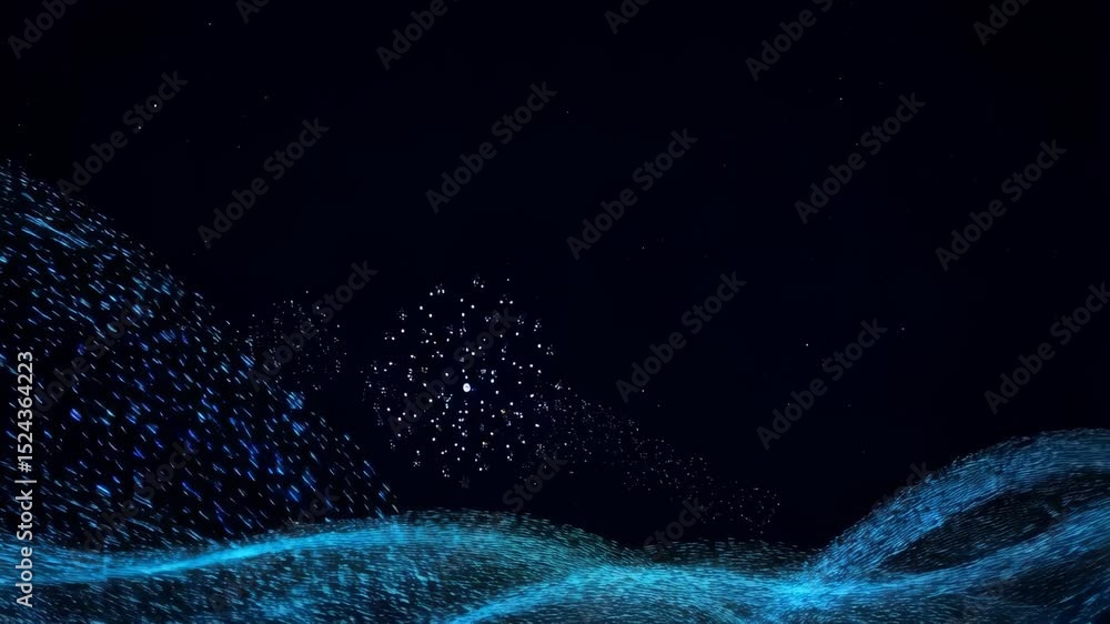 Poster dynamic blue particles forming waves with floating geometric shapes in a dark space