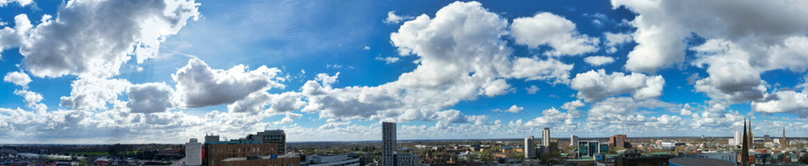 Obraz premium High Angle Panoramic View of Modern Central Coventry City of England United Kingdom. Drone Camera Footage Was Captured on March 30th, 2024