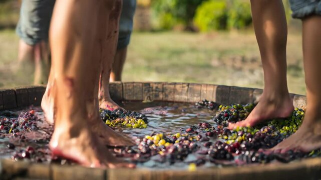 Barefoot people stomping grapes during a traditional wine-making process.