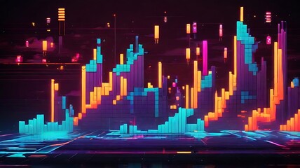 Retro-futuristic 8-bit growth graph with neon colors digital abstract