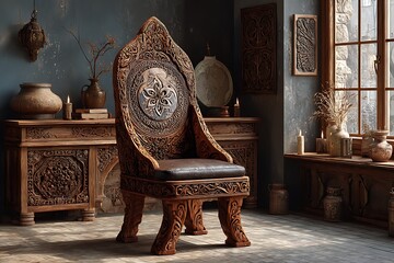 Antique wooden chair with Norse patterns high resolution image