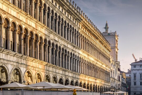 Venice, Italy - february 5, 2024: View of buildings with columns on St Mark's square in Venice
