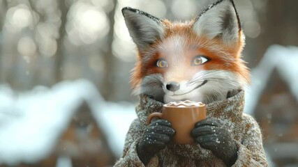 A cozy red fox enjoying a hot drink in a snowy winter landscape - Powered by Adobe