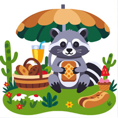 Obraz premium Cute Raccoon Having a Picnic-Cartoon Raccoon Eating Sandwich-Picnic Basket with Treats-Fun Illustration of a Raccoon Enjoying Food Outdoors-Perfect for Kids and Nature Lovers