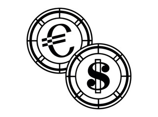 Euro and US Dollar Currency Exchange Illustration, vector graphic icons of Euro and US Dollar currency symbols, overlapping Euro and US dollar coins, currency, money, finance, international, global, e