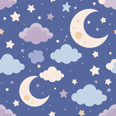 Night Sky Dreams Moon, Stars, and Clouds Seamless Pattern