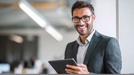 Young Smiling Businessman Using Tablet in Modern Office Environment