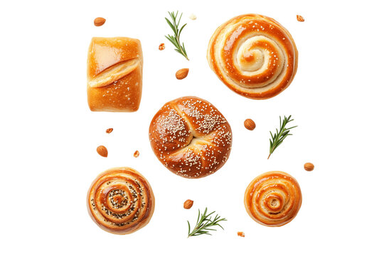 Assorted fresh baked bread rolls isolated on transparent background